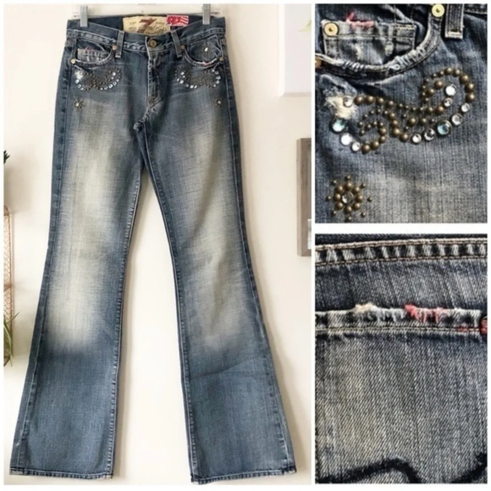 7FAM Great China Wall Y2K Low Rise Flare Swarovski Crystal Studded Jeans Sz 27